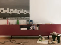 Buffet Luxor Metal Bois Rouge Violet / 2 Portes, Niche Ouverte & Tiroir - L 270 X H 66 Cm - Cappellini