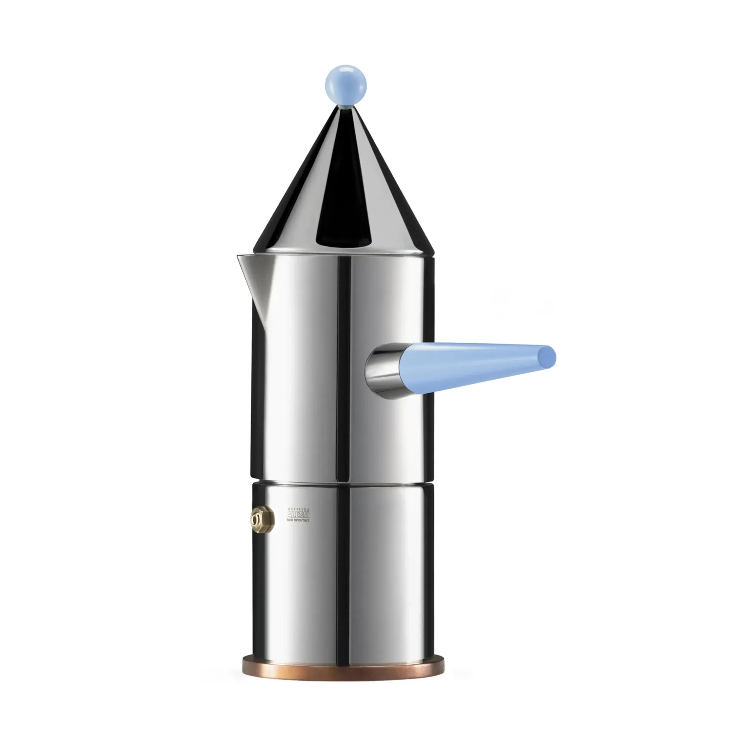 Cafetiere Italienne La Conica, Poignee Longue (1984) Metal / 3 Tasses - Sauf Induction / Alessi 100 Values Collection - Alessi
