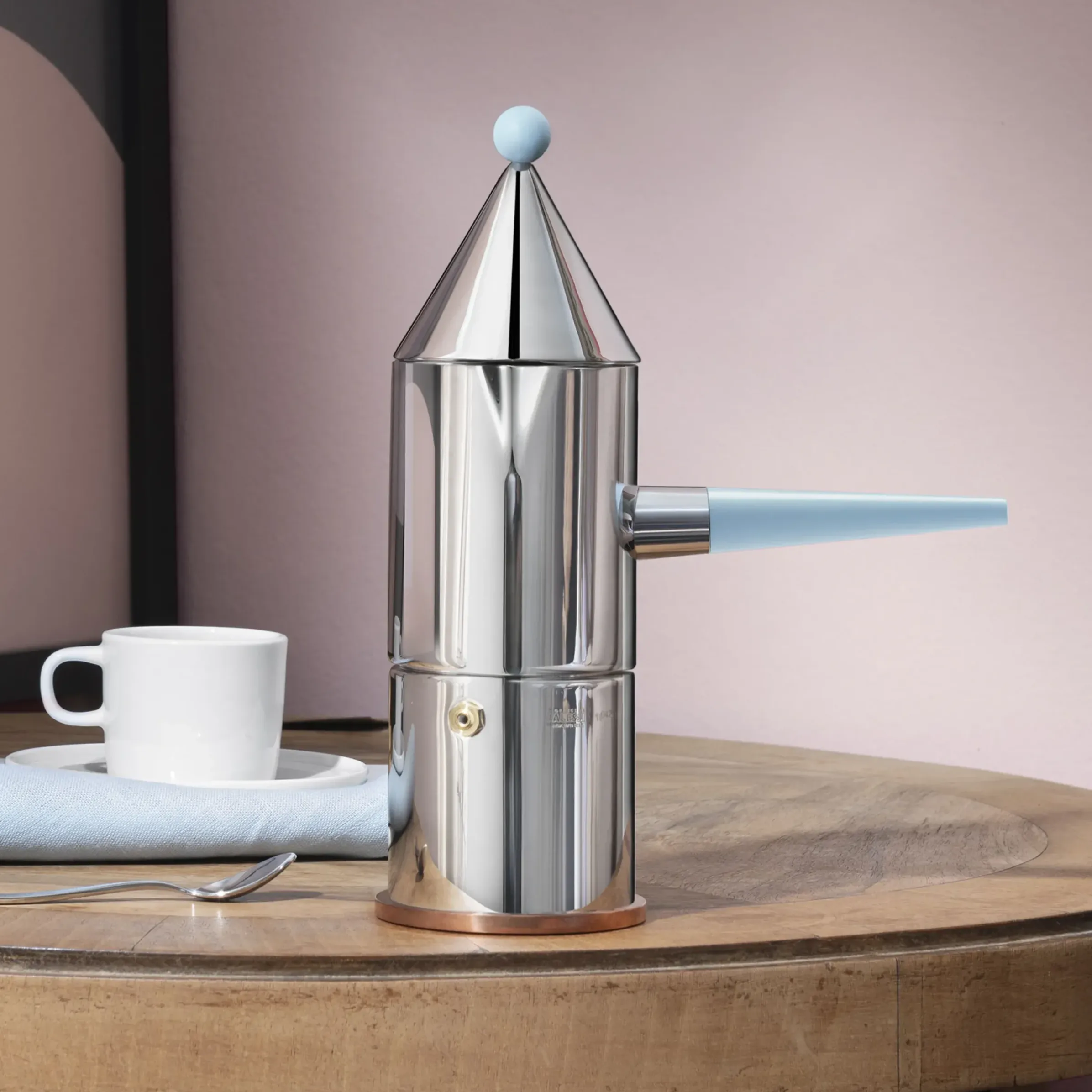 Cafetiere Italienne La Conica, Poignee Longue (1984) Metal / 3 Tasses - Sauf Induction / Alessi 100 Values Collection - Alessi