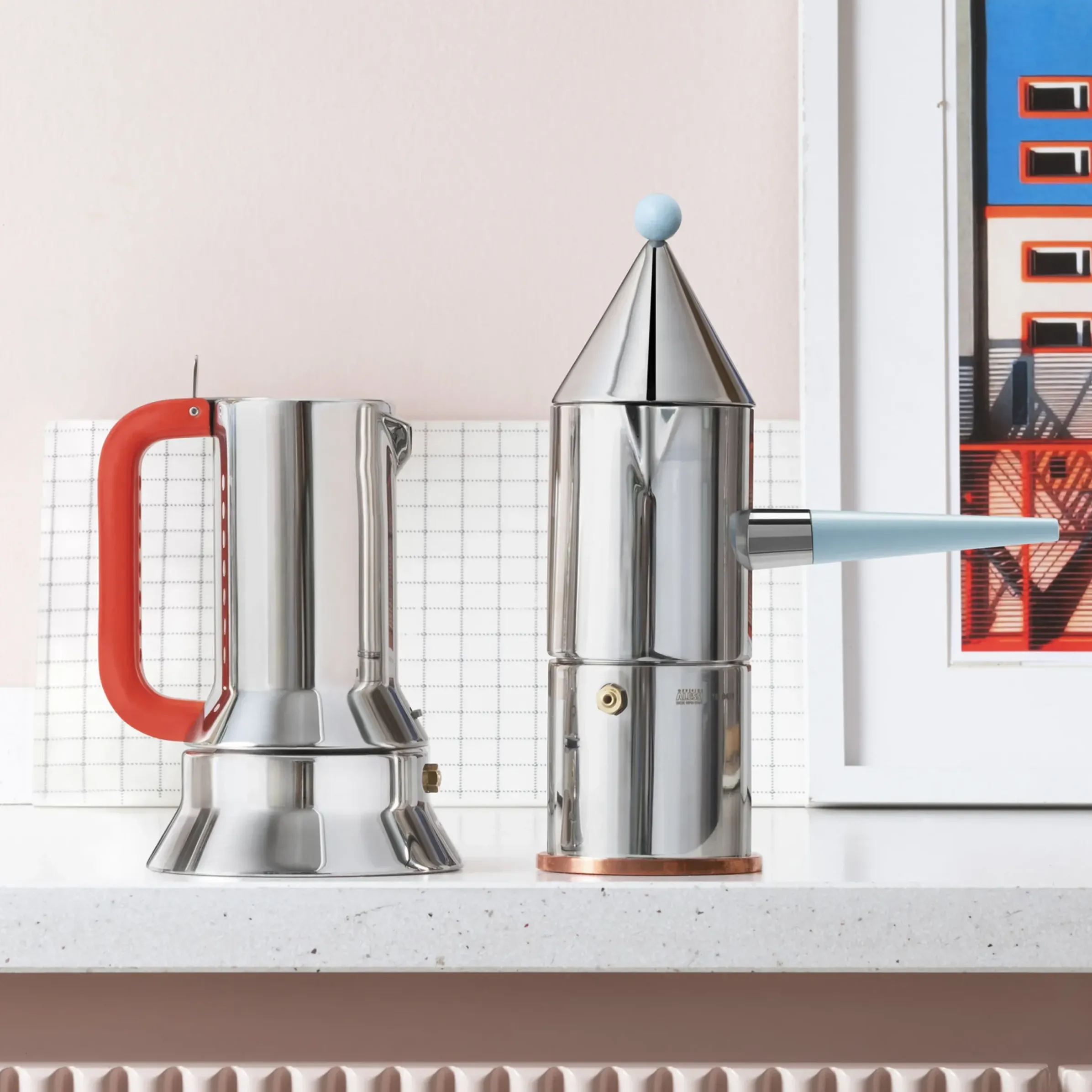 Cafetiere Italienne La Conica, Poignee Longue (1984) Metal / 3 Tasses - Sauf Induction / Alessi 100 Values Collection - Alessi