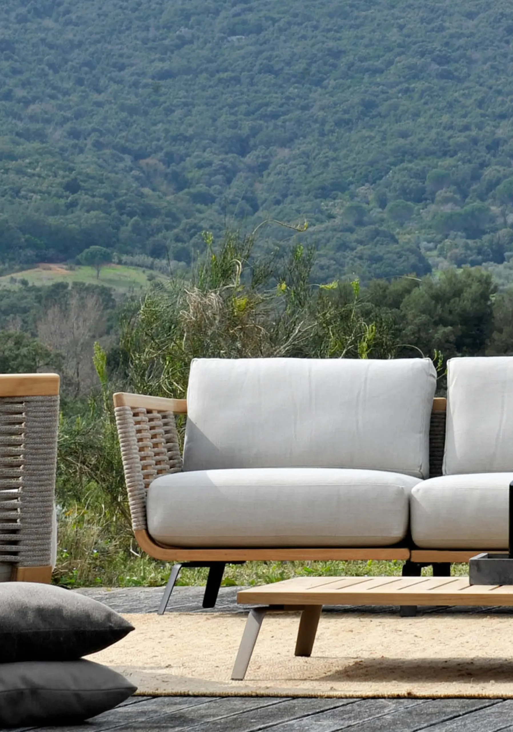 Canape De Jardin Modulable Welcome Tissu Blanc Bois Naturel / Module Accoudoir Droite L 90 Cm / - Unopiu