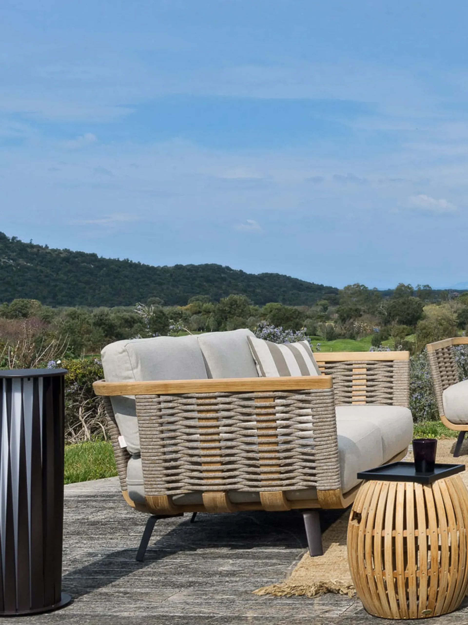 Canape De Jardin Modulable Welcome Tissu Blanc Bois Naturel / Module Accoudoir Droite L 90 Cm / - Unopiu