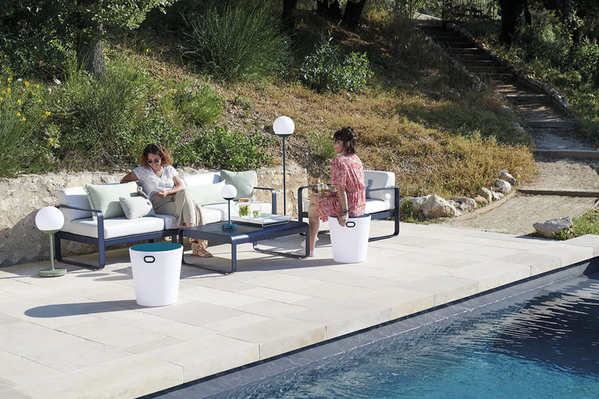 Canape De Jardin 3 Places Bellevie Metal Tissu Rouge Gris / L 235 Cm - Tissu Gris Flanelle - Fermob
