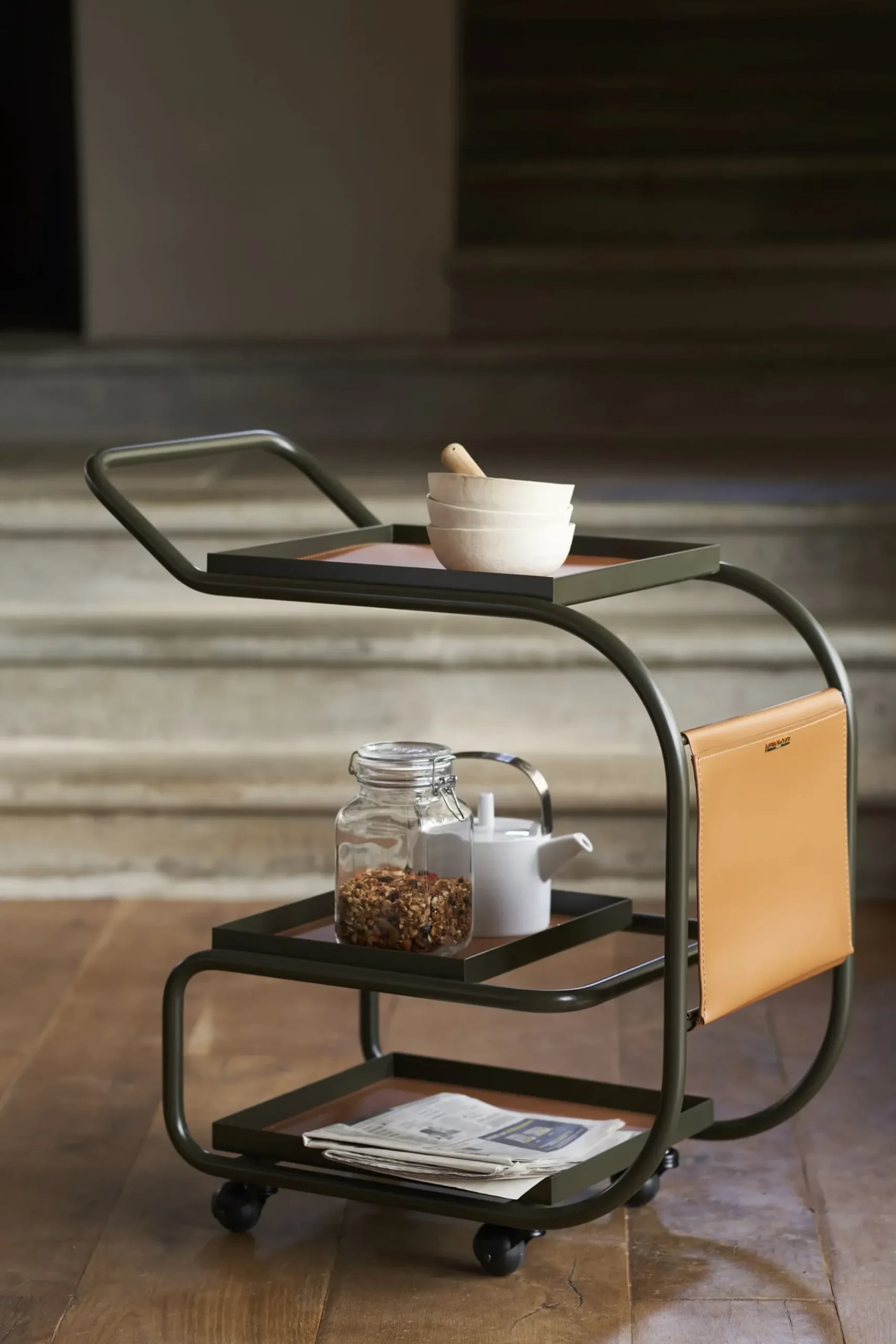 Desserte Zenzero Metal Cuir Marron Vert / Cuir Recycle - Opinion Ciatti