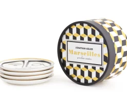 Dessous De Verre Marseilles Ceramique Blanc Noir Or / Set De 4 - Porcelaine & Or 24 Carats - Jonathan Adler