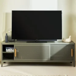 Meuble Tv B2 Bas Perfore Metal Beige / L 160 X H 51 Cm - Poignees Chene - Tolix