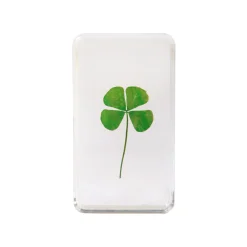 Presse-Papier Cube Lucky Clover Plastique Transparent / Resine Et Trefle Veritable - 7.5 X 4 X 1 Cm - & Klevering