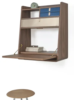 Secretaire Mural Gaston Bleu Bois Naturel / L 60 X H 72 Cm - Noyer - Harto