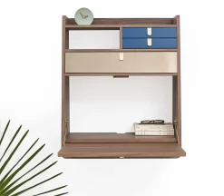 Secretaire Mural Gaston Bleu Bois Naturel / L 60 X H 72 Cm - Noyer - Harto