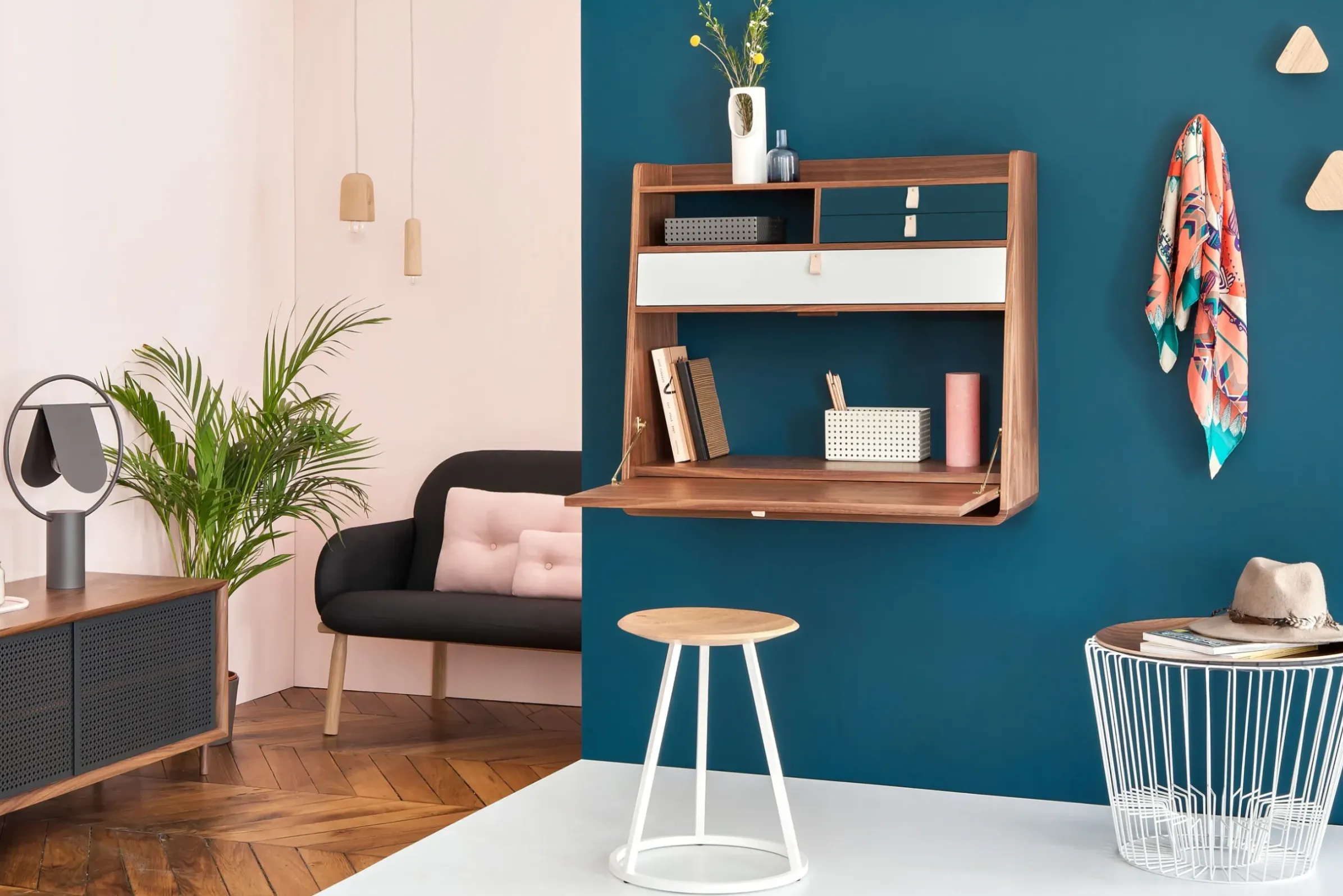 Secretaire Mural Gaston Bleu Or Bois Naturel / L 80 X H 72 Cm - Noyer - Harto