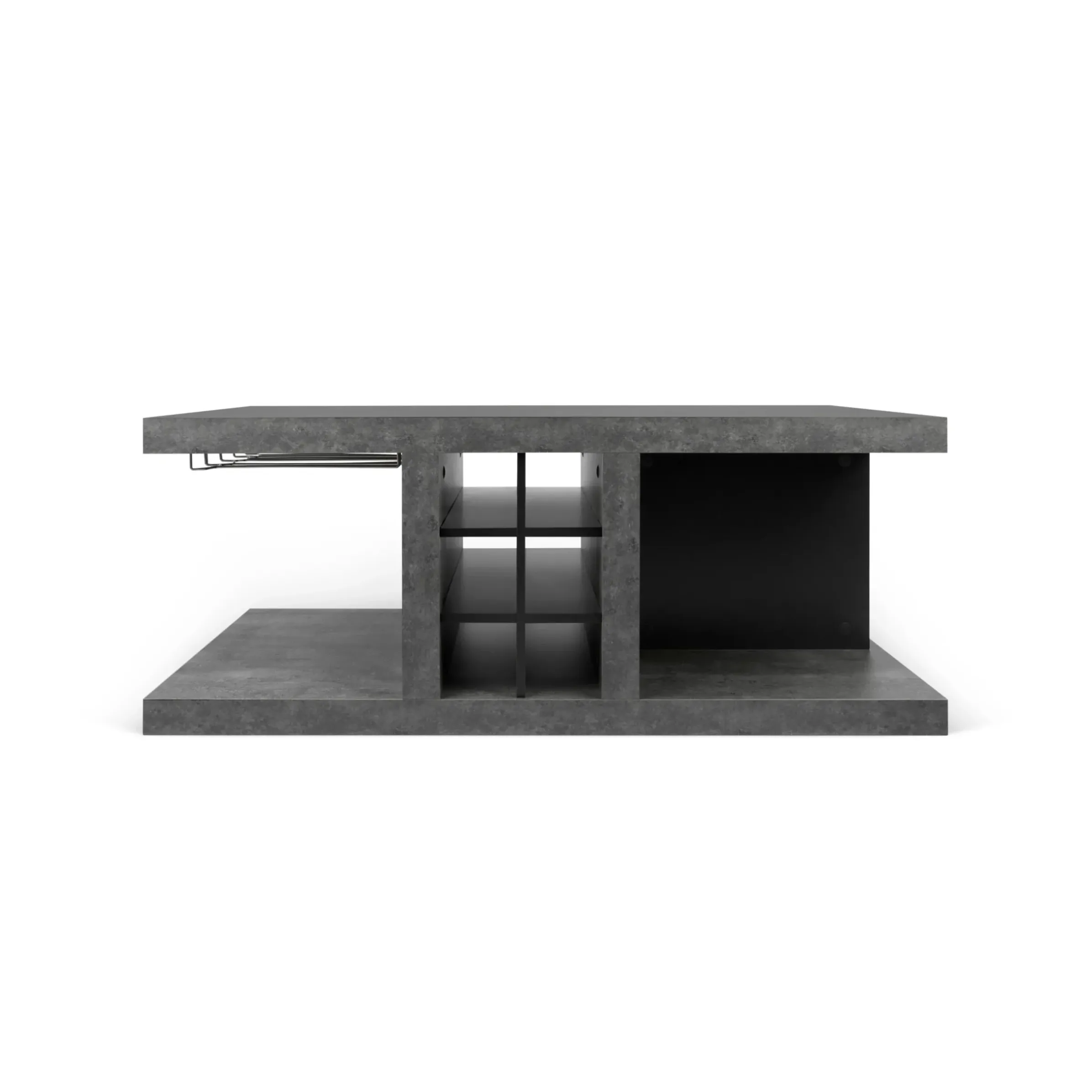 Table Basse Chicago Bar Bois Gris / Casier A Bouteilles & Rails Pour Verres A Pied - 110 X 65 X H 45 Cm - Pop Up Home
