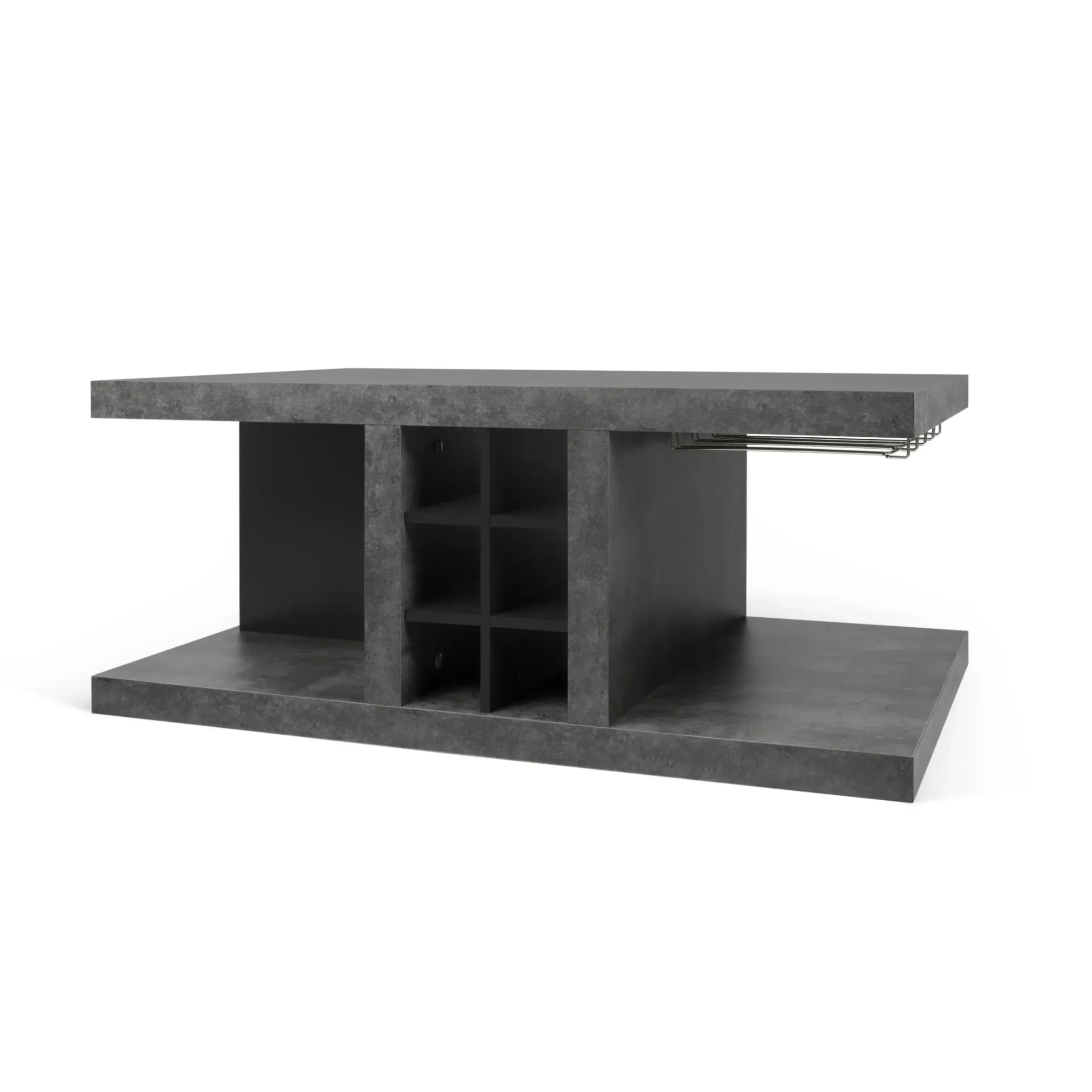 Table Basse Chicago Bar Bois Gris / Casier A Bouteilles & Rails Pour Verres A Pied - 110 X 65 X H 45 Cm - Pop Up Home